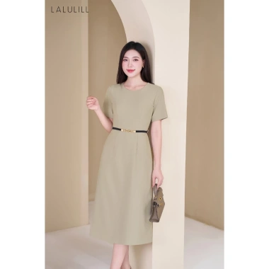 Đầm công sở LALULILL dáng A nhẹ, tay cộc, cổ tròn, xi tuýt co giãn - Giá chỉ 469.000đ