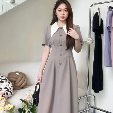 Đầm công sở tay ngắn dáng dài cổ nhọn tinh tế, tôn dáng - giá chỉ 249k V771 2