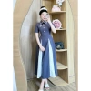 Đầm công sở thiết kế váy tuyết mưa xanh dài, vạt trắng kèm nơ đá: 450.000đ