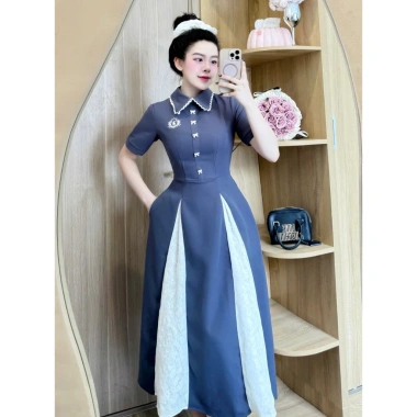 Đầm công sở thiết kế váy tuyết mưa xanh dài, vạt trắng kèm nơ đá: 450.000đ