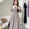Đầm công sở U&M V771 màu ghi xám, dáng xòe cổ vest tay ngắn, bigsize 2