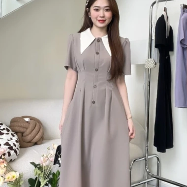 Đầm công sở U&M V771 màu ghi xám, dáng xòe cổ vest tay ngắn, bigsize