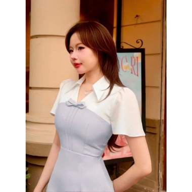 Đầm công sở xám phối trắng cổ sơ mi chữ A tay loe - đi làm tiệc - Lux W - 299k