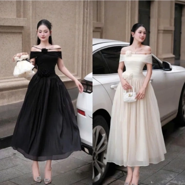 đầm dạ hội Katty trễ vai dài xòe sang trọng, váy dự tiệc cao cấp tôn dáng, chỉ 385k