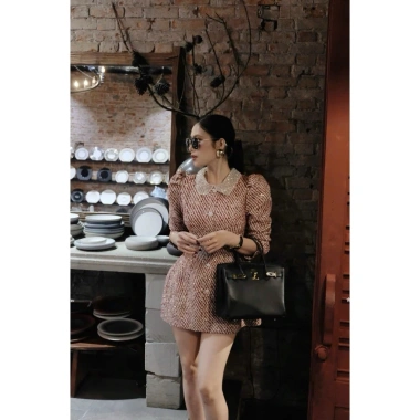 Đầm Dạ Tweed Tay Phồng Cổ Đính Đá Sang Trọng - Váy Tiểu Thư Thu Đông Noel Tết, Ảnh Thật, Loại 1, Giá 445k
