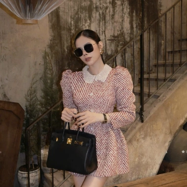 Đầm Dạ Tweed Tay Phồng Cổ Đính Đá Sang Trọng - Váy Tiểu Thư Thu Đông Noel Tết, Ảnh Thật, Loại 1, Giá 445k