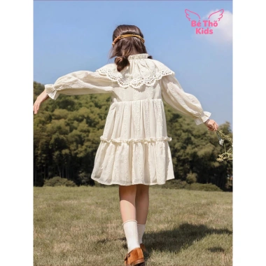 Đầm dài tay bé gái 3-8 tuổi, váy tiểu thư ren 2 lớp, cổ bẻ, xuân thu - Giá 255.000