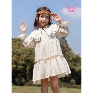 Đầm dài tay bé gái 3-8 tuổi, váy tiểu thư ren 2 lớp, cổ bẻ, xuân thu - Giá 255.000
