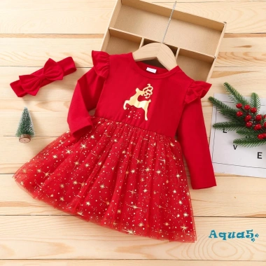 Đầm dài tay cổ tròn họa tiết ngôi sao, băng đô xinh xắn cho bé gái 3 tháng - 162.000 VND