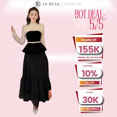 Đầm Dáng Dài La Rosa S1.039 – Áo Dài Tay Xòe Đai Eo Bật, Chân Váy Xếp Li Nhẹ, 495k