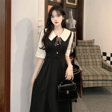 Đầm đen ngắn tay cổ sơ mi, đính nơ, khuy, khóa kéo - Tiểu thư Hàn Quốc, giảm 18% 4