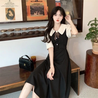 Đầm đen ngắn tay cổ sơ mi, đính nơ, khuy, khóa kéo - Tiểu thư Hàn Quốc, giảm 18% 5