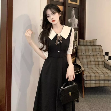 Đầm đen ngắn tay cổ sơ mi, đính nơ, khuy, khóa kéo - Tiểu thư Hàn Quốc, giảm 18% 8
