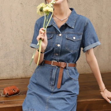 Đầm Denim Dáng Chữ A Tay Ngắn B02 - Giá 198.000, Tặng Dây Đai Bó Eo