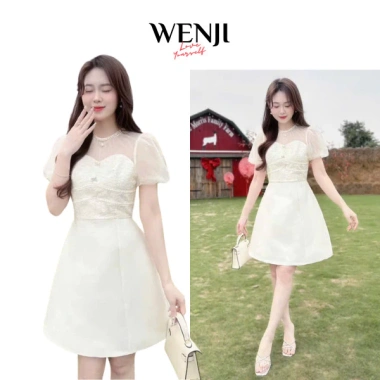 Đầm dự tiệc nữ trắng kem Wenji Store Cổ đá tay ngắn phồng tiểu thư giá 57.600đ