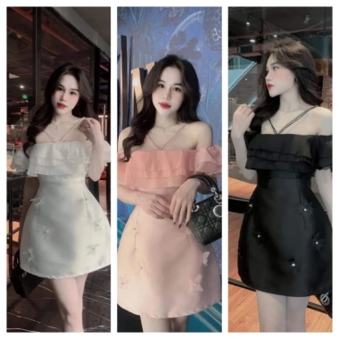 Đầm dự tiệc Tacta trễ vai phối bèo tơ nến 3 tầng công chúa, dây đính đá 187.500đ