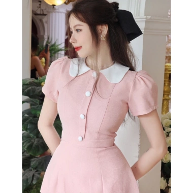 Đầm hồng sang trọng chữ A tay ngắn, linen cổ trắng, công sở cao cấp Lux W Fashion Giá chỉ 339k