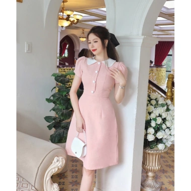 Đầm hồng sang trọng chữ A tay ngắn, linen cổ trắng, công sở cao cấp Lux W Fashion Giá chỉ 339k