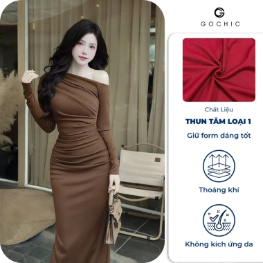 Đầm Lệch Vai Ôm Dáng Dài Gochic - Thun Tăm Co Dãn, Mềm Mại, Giá ưu đãi 219k 2