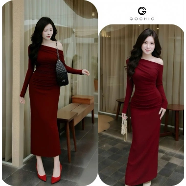 Đầm Lệch Vai Ôm Dáng Dài Gochic - Thun Tăm Co Dãn, Mềm Mại, Giá ưu đãi 219k 4