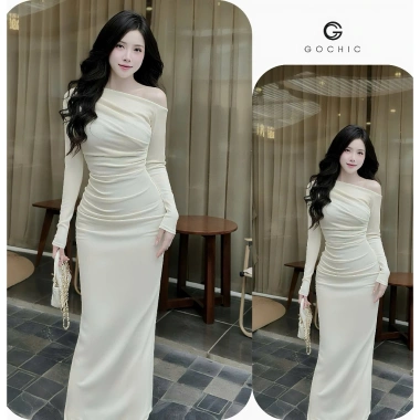 Đầm Lệch Vai Ôm Dáng Dài Gochic - Thun Tăm Co Dãn, Mềm Mại, Giá ưu đãi 219k 5