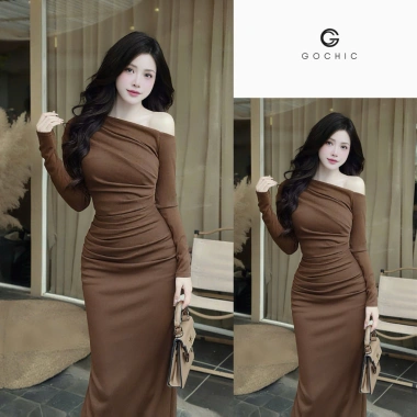 Đầm Lệch Vai Ôm Dáng Dài Gochic - Thun Tăm Co Dãn, Mềm Mại, Giá ưu đãi 219k 6