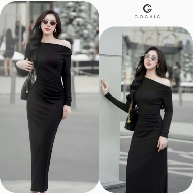 Đầm Lệch Vai Ôm Dáng Dài Gochic - Thun Tăm Co Dãn, Mềm Mại, Giá ưu đãi 219k 7