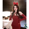 Đầm len body đỏ đen dây chéo trễ vai dài tay ôm sát, sexy sang chảnh, sành điệu Noel Tết, co dãn 226k