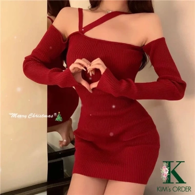 Đầm len body đỏ đen dây chéo trễ vai dài tay ôm sát, sexy sang chảnh, sành điệu Noel Tết, co dãn 226k