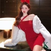 Đầm len body đỏ đen dây chéo trễ vai dài tay ôm sát, sexy sang chảnh, sành điệu Noel Tết, co dãn 226k 4
