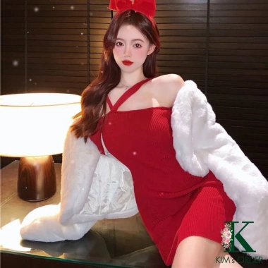 Đầm len body đỏ đen dây chéo trễ vai dài tay ôm sát, sexy sang chảnh, sành điệu Noel Tết, co dãn 226k