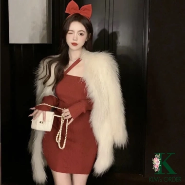 Đầm len body đỏ đen dây chéo trễ vai dài tay ôm sát, sexy sang chảnh, sành điệu Noel Tết, co dãn 226k