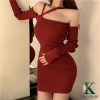 Đầm len body đỏ đen dây chéo trễ vai dài tay ôm sát, sexy sang chảnh, sành điệu Noel Tết, co dãn 226k 9