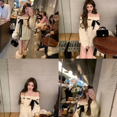 Đầm len dệt kim ren xoắn nơ ba màu - Giá ưu đãi 142.560 VND, mềm mại, thời thượng 3