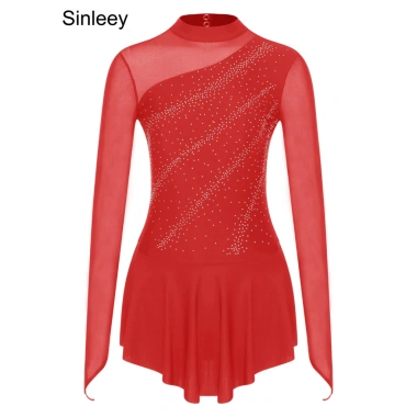 Đầm Leotard Nữ Trượt Băng Nyeemya - Kim Cương Giả Lấp Lánh, Sheer Lưới Dài Tay, 557k 9