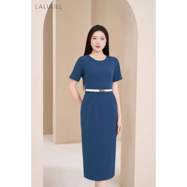 Đầm liền công sở LALULILL ôm bút chì, cổ tròn, tay cộc, chất liệu tuýt xi co giãn 459.000₫