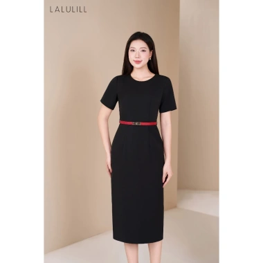Đầm liền công sở LALULILL ôm bút chì, cổ tròn, tay cộc, chất liệu tuýt xi co giãn 459.000₫