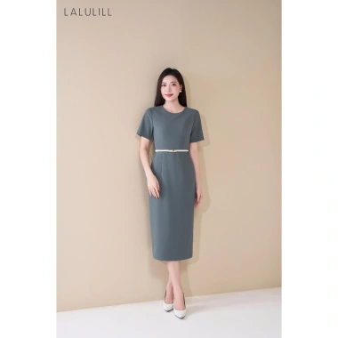 Đầm liền công sở LALULILL ôm bút chì, cổ tròn, tay cộc, chất liệu tuýt xi co giãn 459.000₫