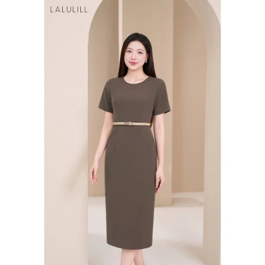 Đầm liền công sở LALULILL ôm bút chì, cổ tròn, tay cộc, chất liệu tuýt xi co giãn 459.000₫