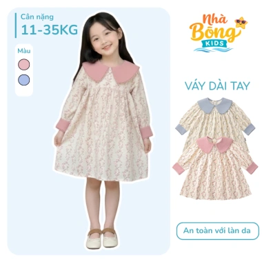 Đầm liền dài tay bé gái 3-8 tuổi phong cách Pháp mùa thu đông, cotton mềm mịn, dễ mặc, giá ưu đãi 215k