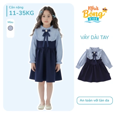 Đầm liền dài tay bé gái Nhà Bông Kids - Váy sơ mi phong cách học sinh, nơ tháo rời, sang chảnh - Giá chỉ 199.000đ