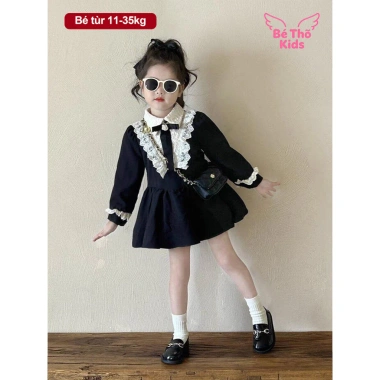 Đầm liền dài tay bé gái ren, nơ tháo rời – Công chúa Hàn Quốc, váy tiểu thư, 236k 2