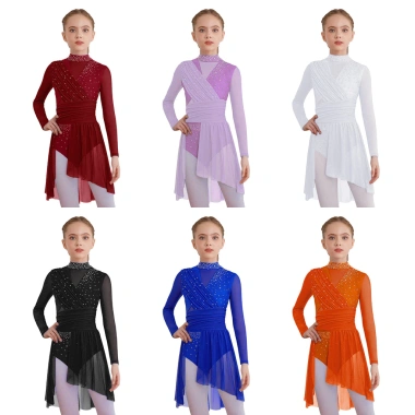 Đầm Lyrical trẻ em bé gái cổ tay dài cutout sheer lưới ruched kim cương giả - Giá 514k
