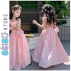 Đầm maxi bé gái hai dây hở lưng - Công chúa hồng nhạt đáng yêu, giá ưu đãi 125k