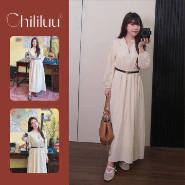 Đầm maxi Chililuu cổ V chiết eo tay dài phong cách tiểu thư thanh lịch 359.000₫