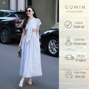Đầm maxi kẻ xanh GUMIN tay hến, cổ nơ vạt, đai eo rộng Thanh lịch sang trọng 290k