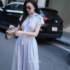 Đầm maxi kẻ xanh GUMIN tay hến, cổ nơ vạt, đai eo rộng Thanh lịch sang trọng 290k 4
