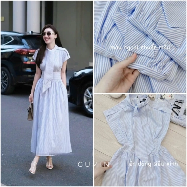 Đầm maxi kẻ xanh GUMIN tay hến, cổ nơ vạt, đai eo rộng Thanh lịch sang trọng 290k