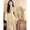 Đầm Maxi tay dài ôm họa tiết hoa Hàn Quốc, thời trang nữ mới – Giá chỉ 580.323₫