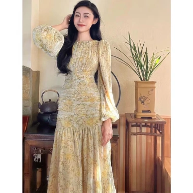 Đầm Maxi tay dài ôm họa tiết hoa Hàn Quốc, thời trang nữ mới – Giá chỉ 580.323₫